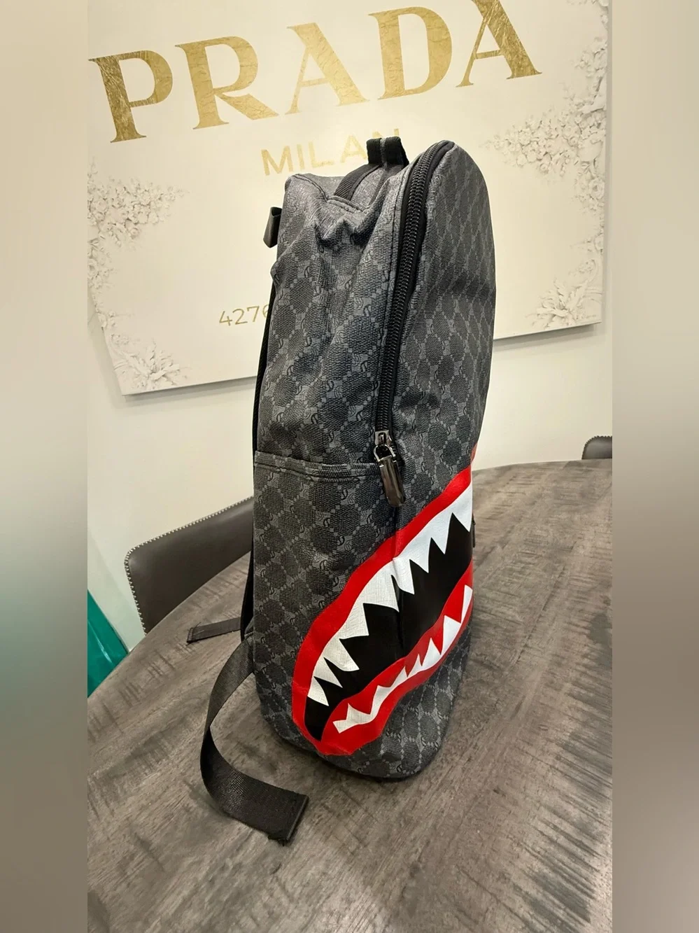 Fashionomics Gray Backpack with Red, Black and White Shark-Mouth Graphic